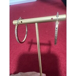 Vintage‎ FOSSIL Hoop Gold Tone CZ Earrings Inside Outside Signed Steel